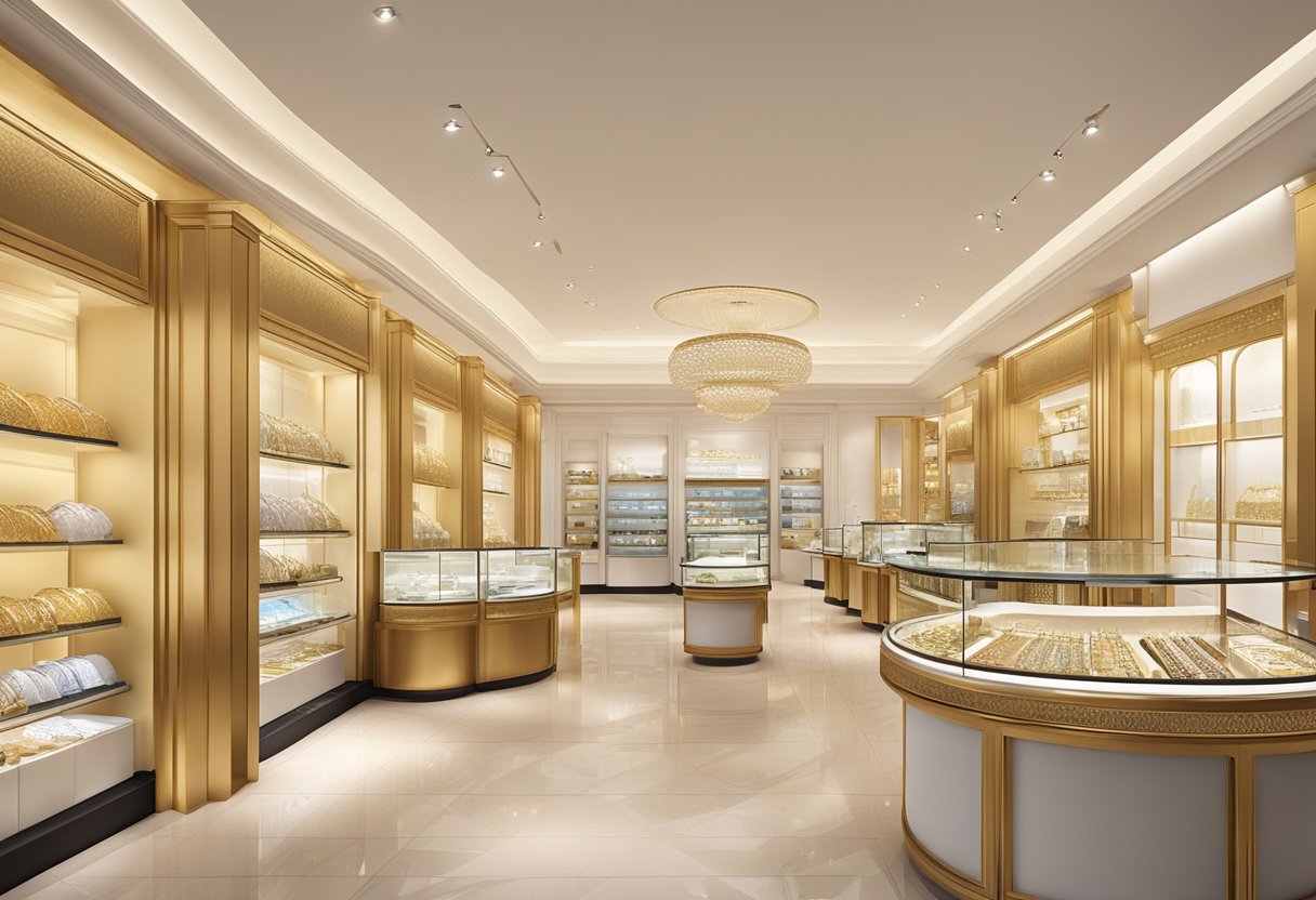 A bustling Malabar Gold store in Singapore with elegant display cases and vibrant jewelry collections