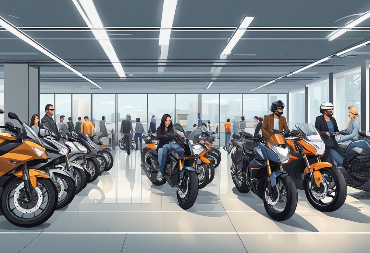 Customers browsing through rows of motorcycles in well-lit, spacious showroom with sleek, modern design and friendly staff assisting