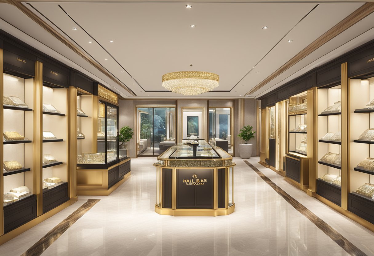A luxurious and elegant Malabar Gold & Diamonds store in Singapore, with sparkling jewelry displayed in glass cases and a warm, inviting ambiance