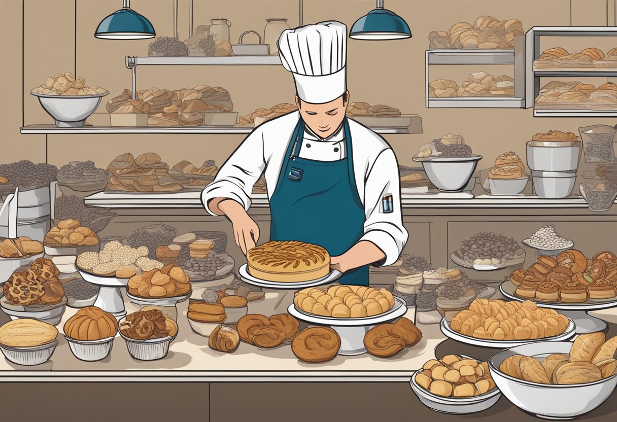 A table filled with various pastries, ingredients scattered around, a chef inspecting and tasting, with a sign reading "Decoding Pastry Quality and Ingredients" in the background