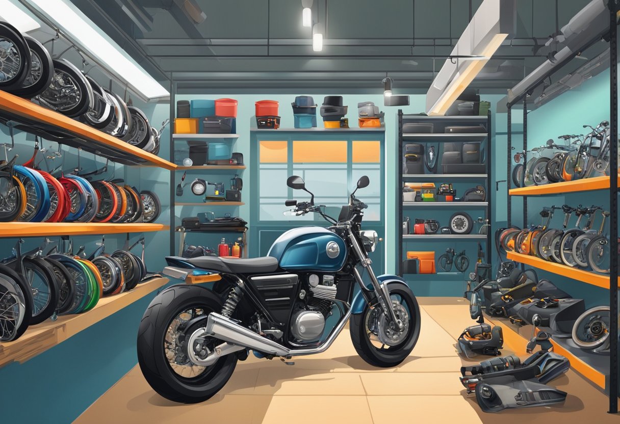 The motorcycle shop in Singapore is filled with various maintenance tools and accessories neatly displayed on shelves and racks