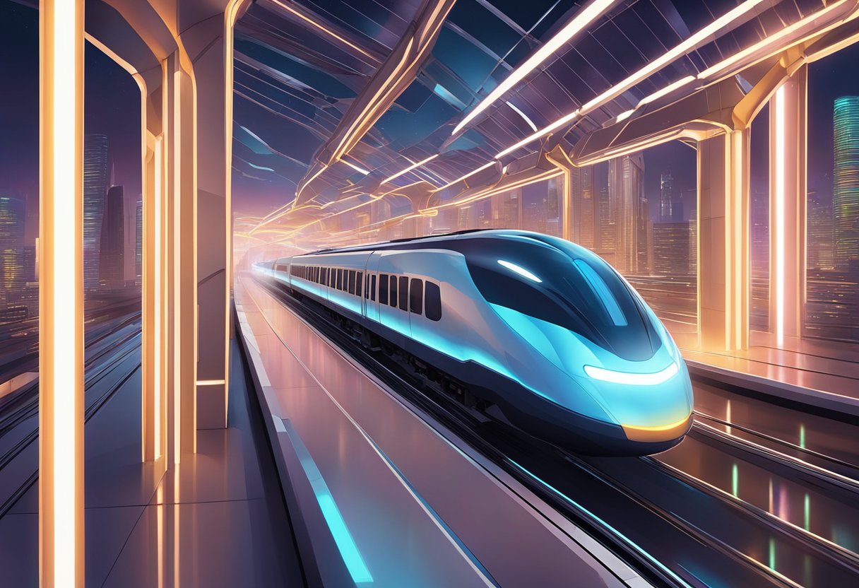 A train glides through the futuristic station, surrounded by towering metallic structures and glowing neon lights