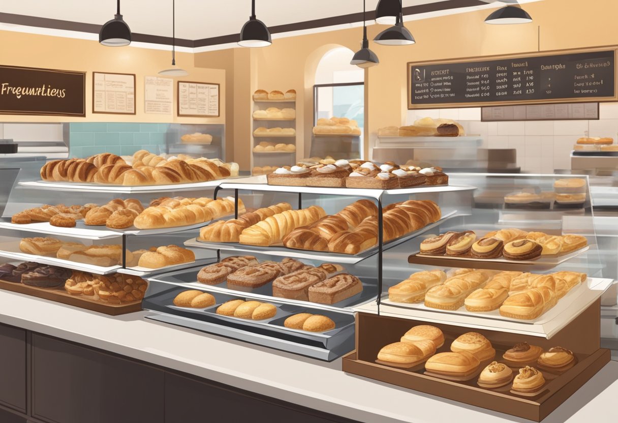 A display of various pastries with a sign reading "Frequently Asked Questions" in a bustling Singapore bakery