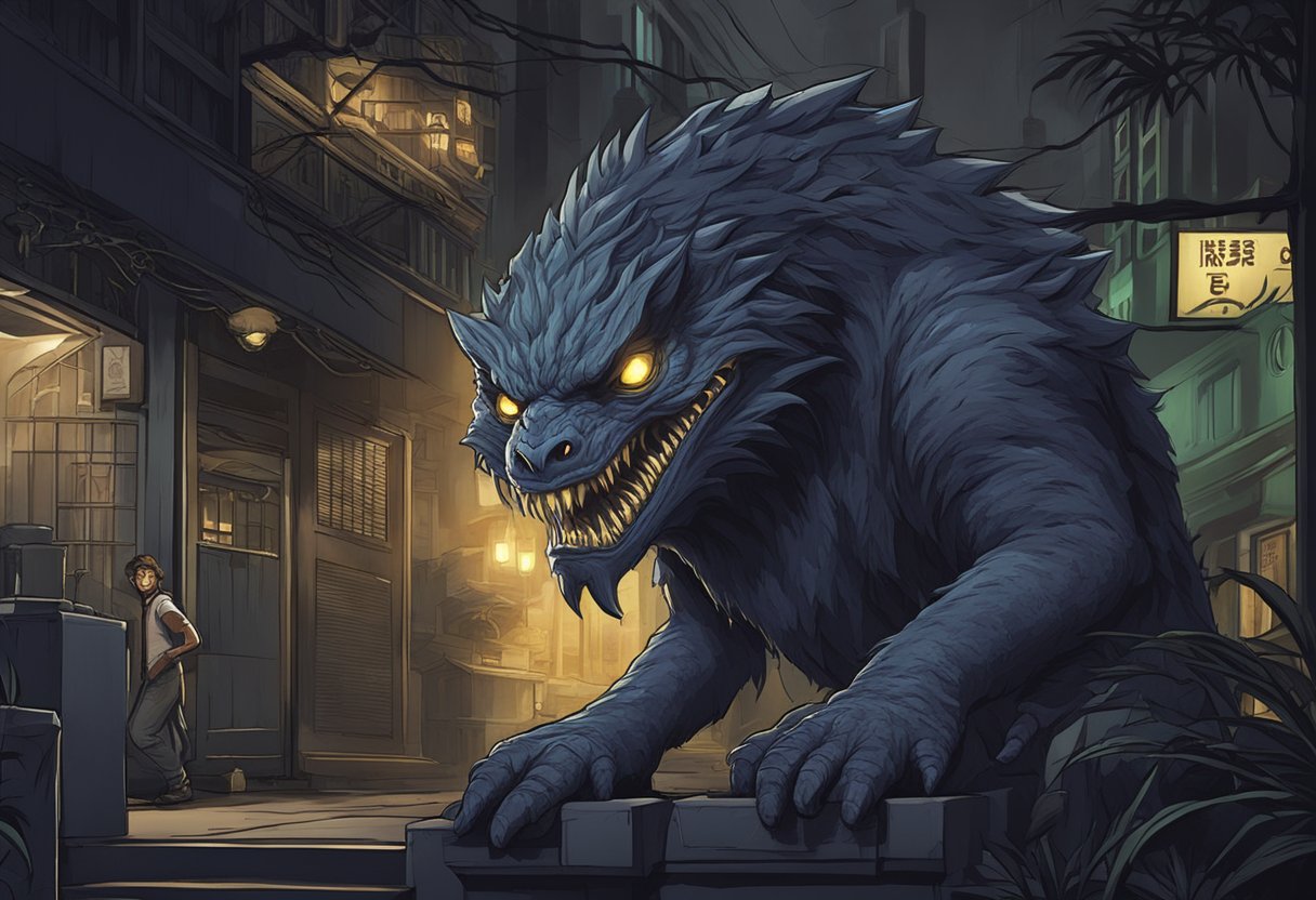 A menacing monster with sharp teeth and glowing eyes looms over a sign that reads "Frequently Asked Questions" in a dark and eerie Singapore setting