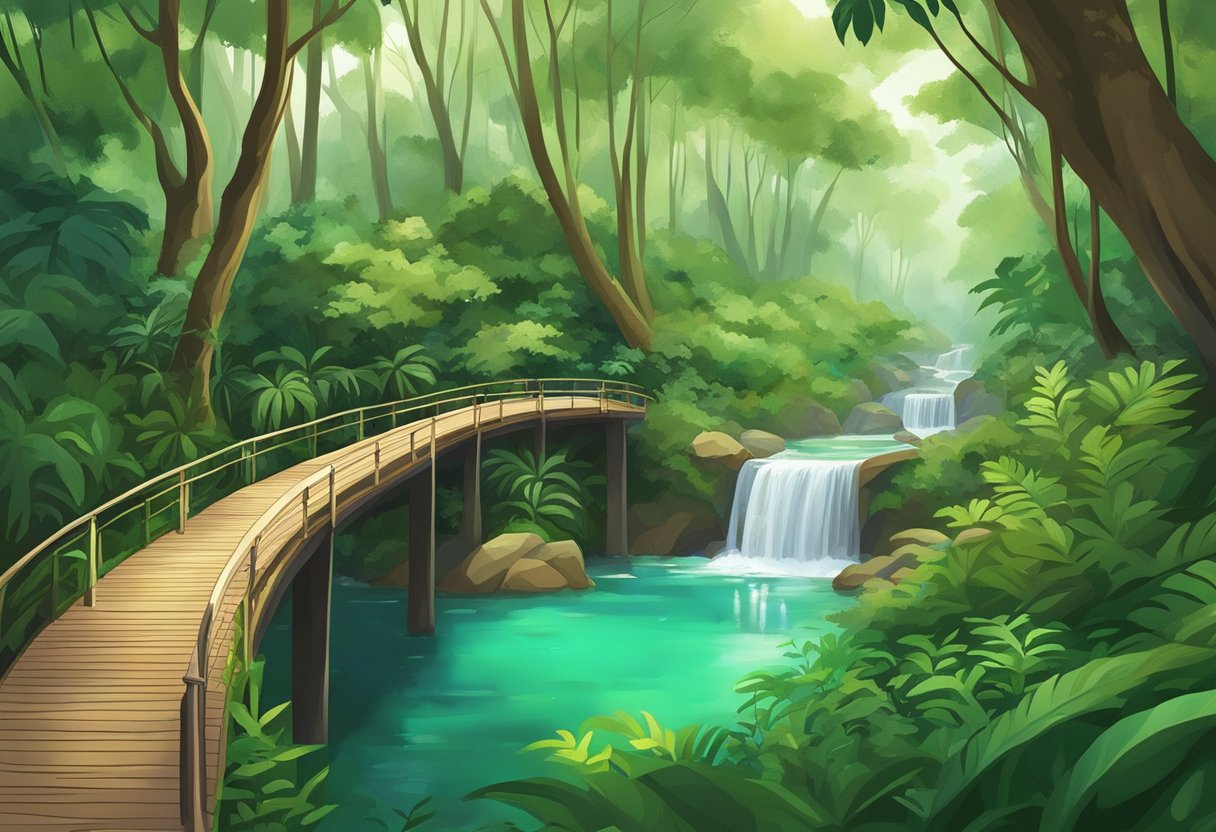 Lush green trails wind through Singapore's nature reserves, with towering trees and vibrant flora. The paths lead to stunning viewpoints and serene waterfalls
