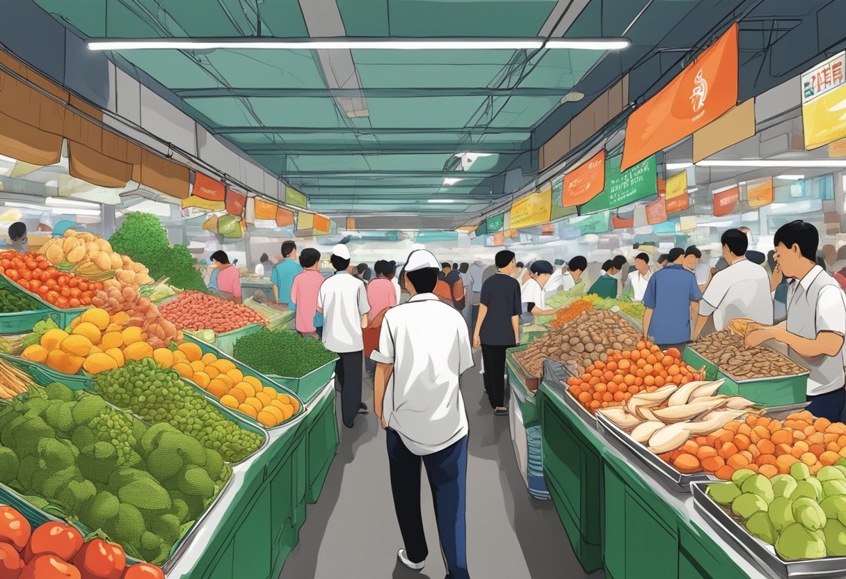 Vibrant stalls overflow with exotic fruits, pungent spices, and fresh seafood at a bustling Singapore wet market