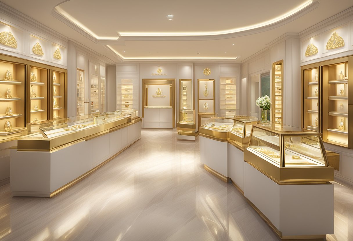 A luxurious display of Malabar Gold jewelry in a sleek Singapore showroom. Shimmering collections are elegantly showcased alongside impeccable customer service
