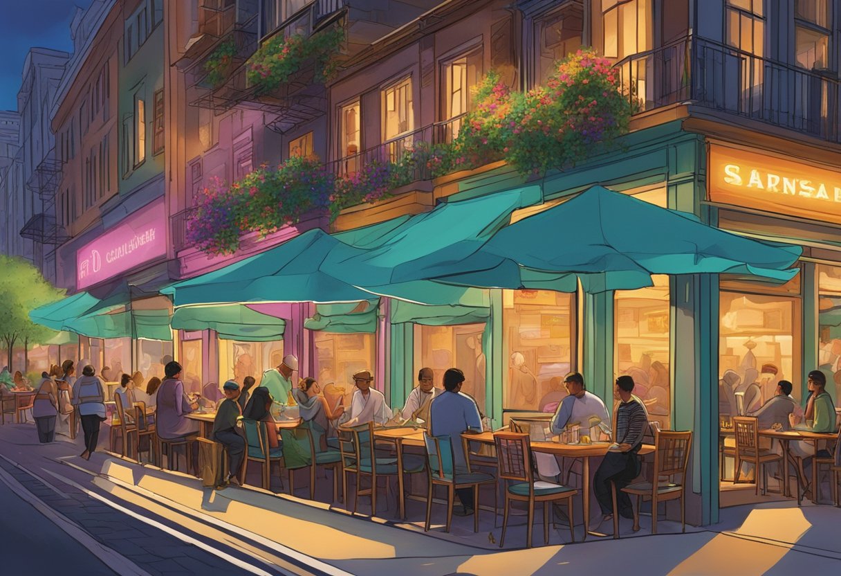 A bustling street lined with upscale restaurants, their vibrant outdoor seating spilling onto the sidewalk. The glow of neon signs and the aroma of exotic cuisines fill the air
