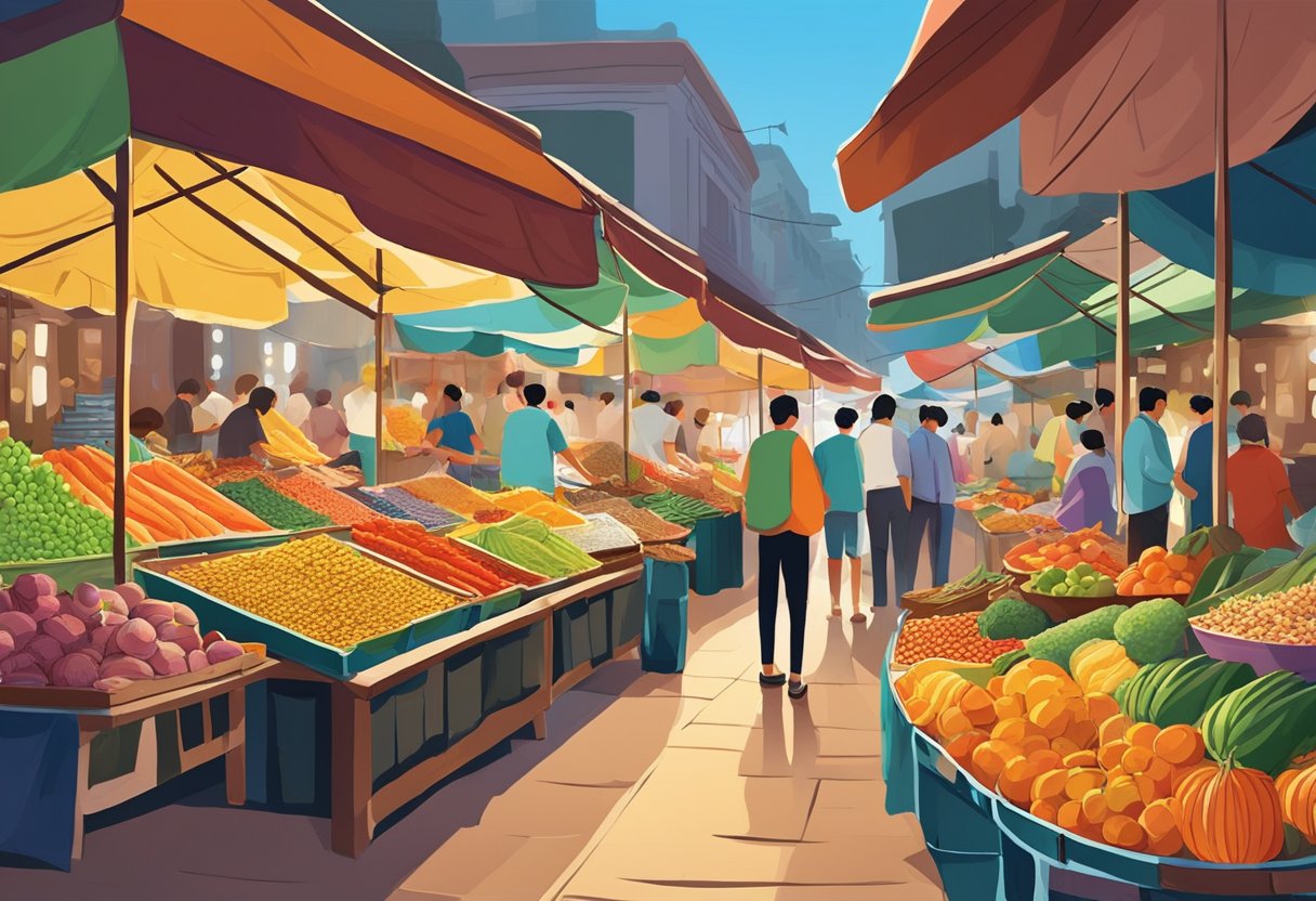Colorful stalls line the bustling market, filled with exotic fruits, spices, and fresh seafood. The air is alive with the sounds of vendors calling out their wares and the aroma of sizzling street food