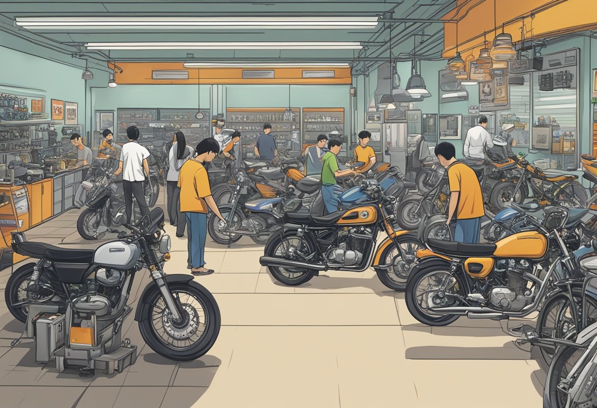 A bustling motorcycle shop in Singapore, with customers browsing bikes and staff assisting with inquiries. Displayed prominently are signs with "Frequently Asked Questions" for easy reference