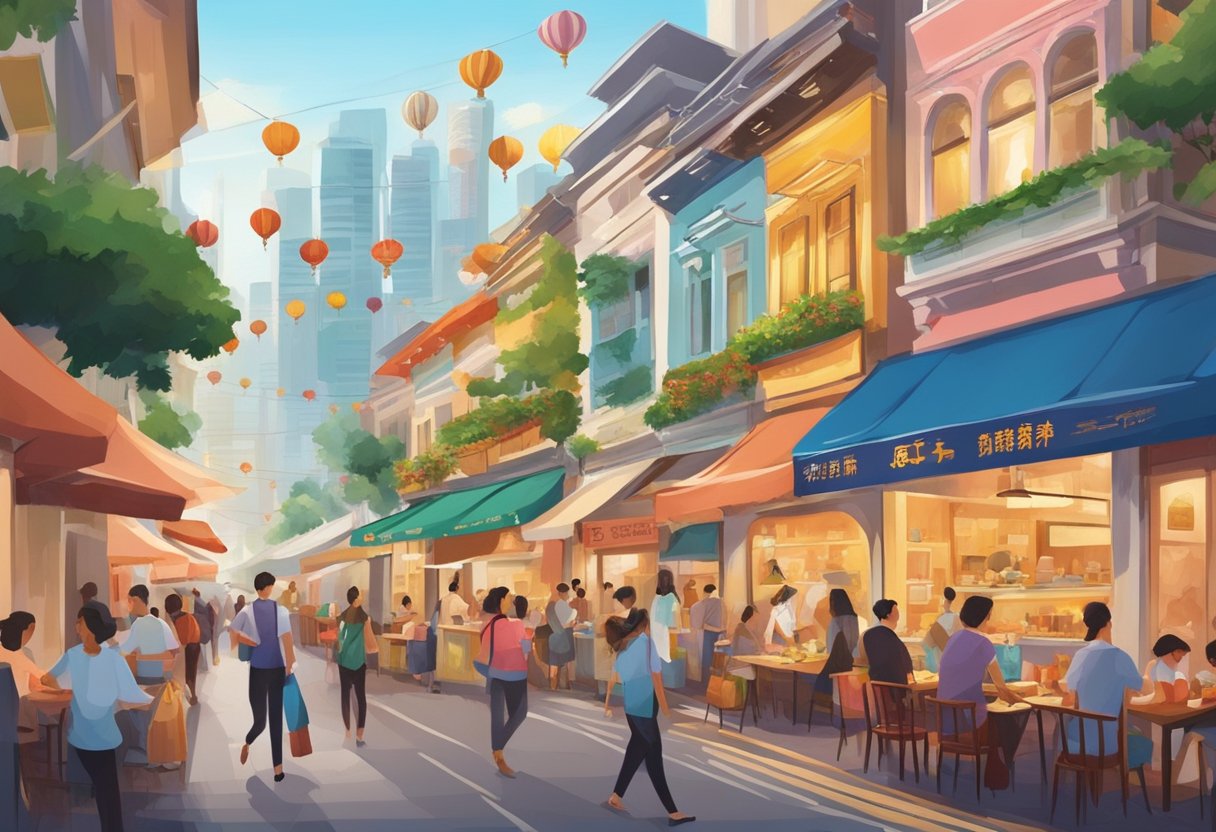A bustling street lined with colorful and diverse restaurants, showcasing a variety of cuisines from around the world. The aroma of sizzling dishes fills the air, enticing passersby to stop and indulge in Singapore's culinary delights