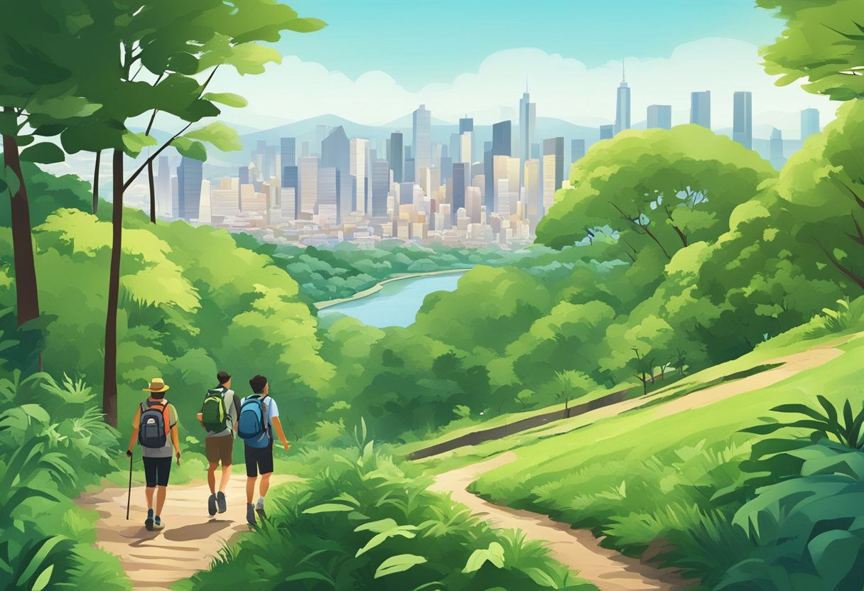 People hiking through lush green trails, with a view of the city skyline in the distance