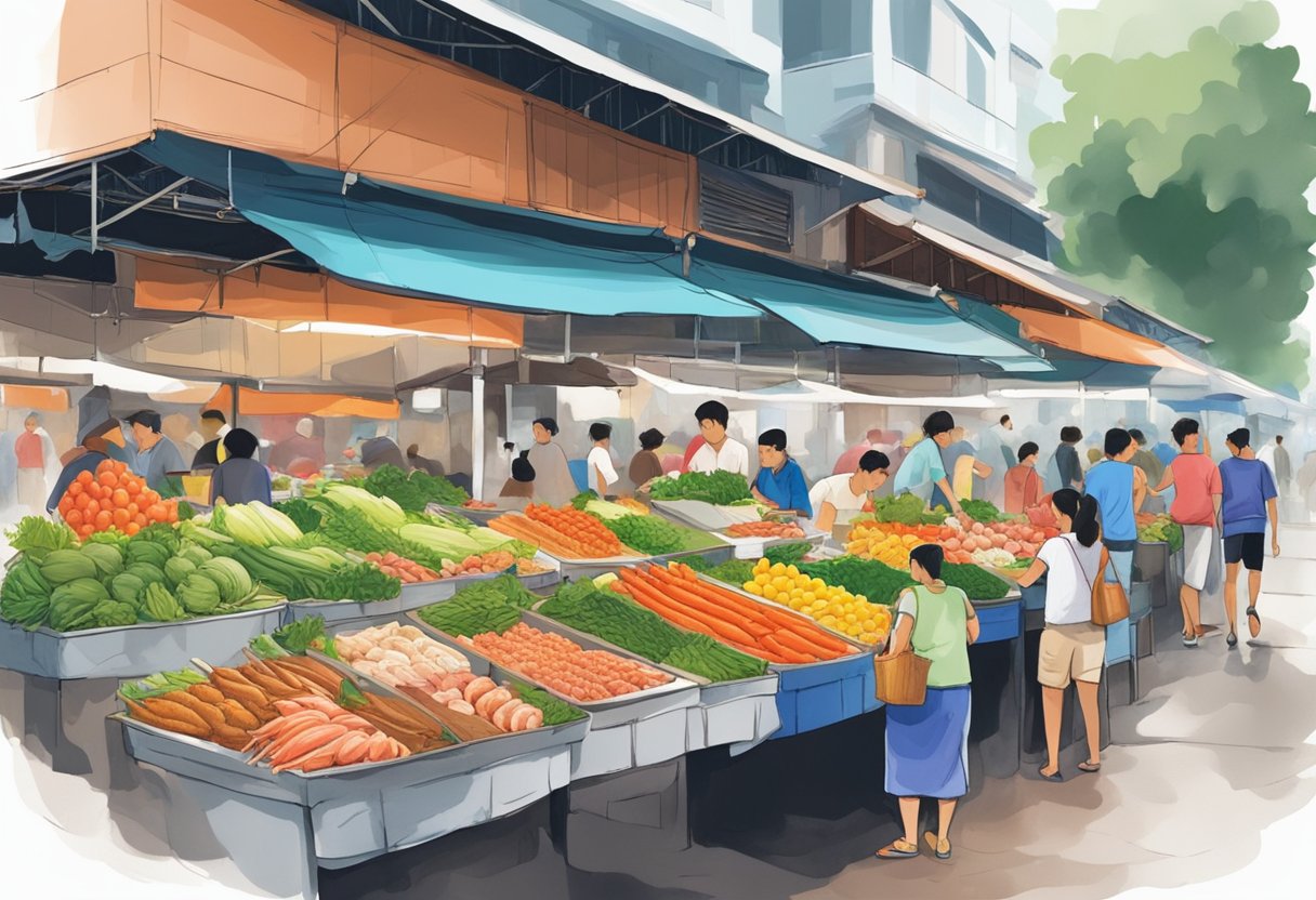 Colorful stalls line the bustling wet market in Singapore, with fresh produce and seafood on display. Customers browse and haggle with vendors, creating a lively and vibrant atmosphere