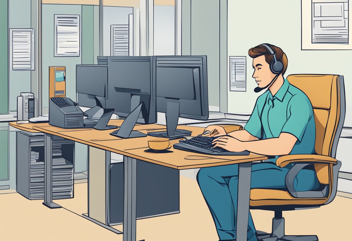A customer service representative answering questions at a desk with a computer and phone