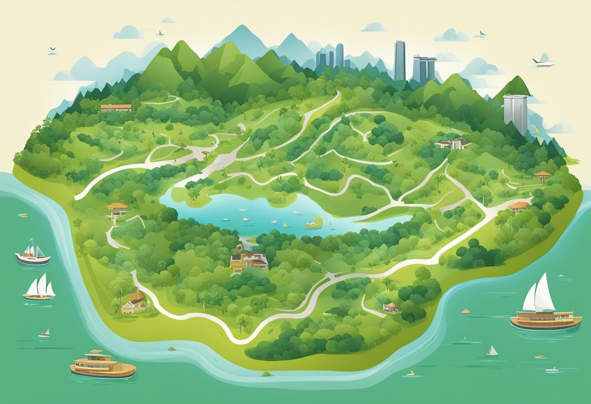 A map of Singapore with various hiking trails highlighted, surrounded by lush greenery and scenic landscapes