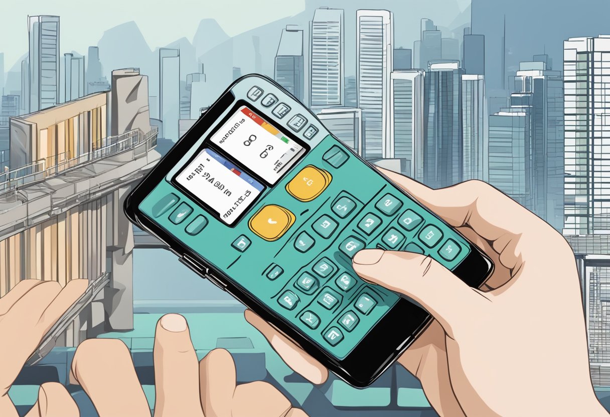 A phone with the HSBC logo on the screen, a hand dialing the hotline number, and the Singapore skyline in the background
