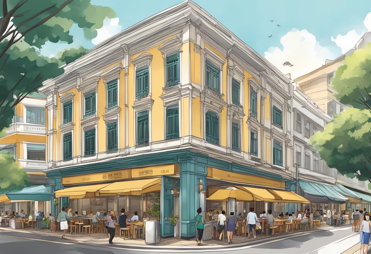 A bustling street lined with diverse, upscale dining establishments in Singapore, each with its own unique architectural style and inviting ambiance