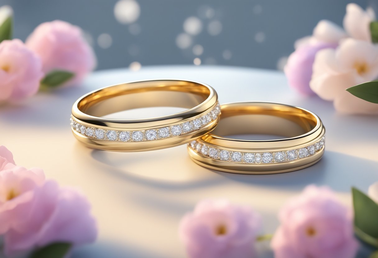 A pair of elegant wedding bands on a cushioned display, surrounded by soft lighting and flowers