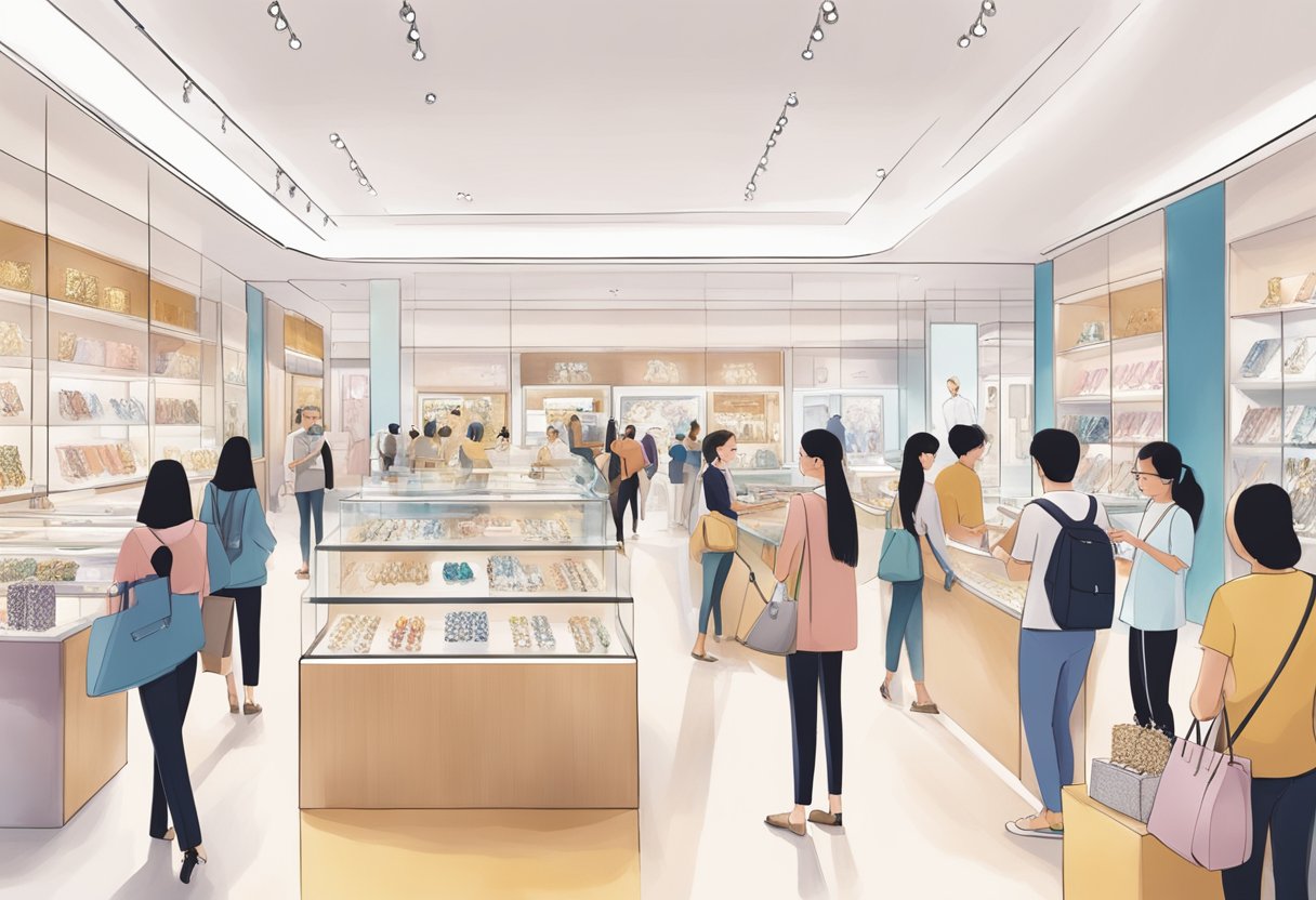 A bustling Pandora Singapore outlet with vibrant displays and eager customers browsing the latest jewelry collections