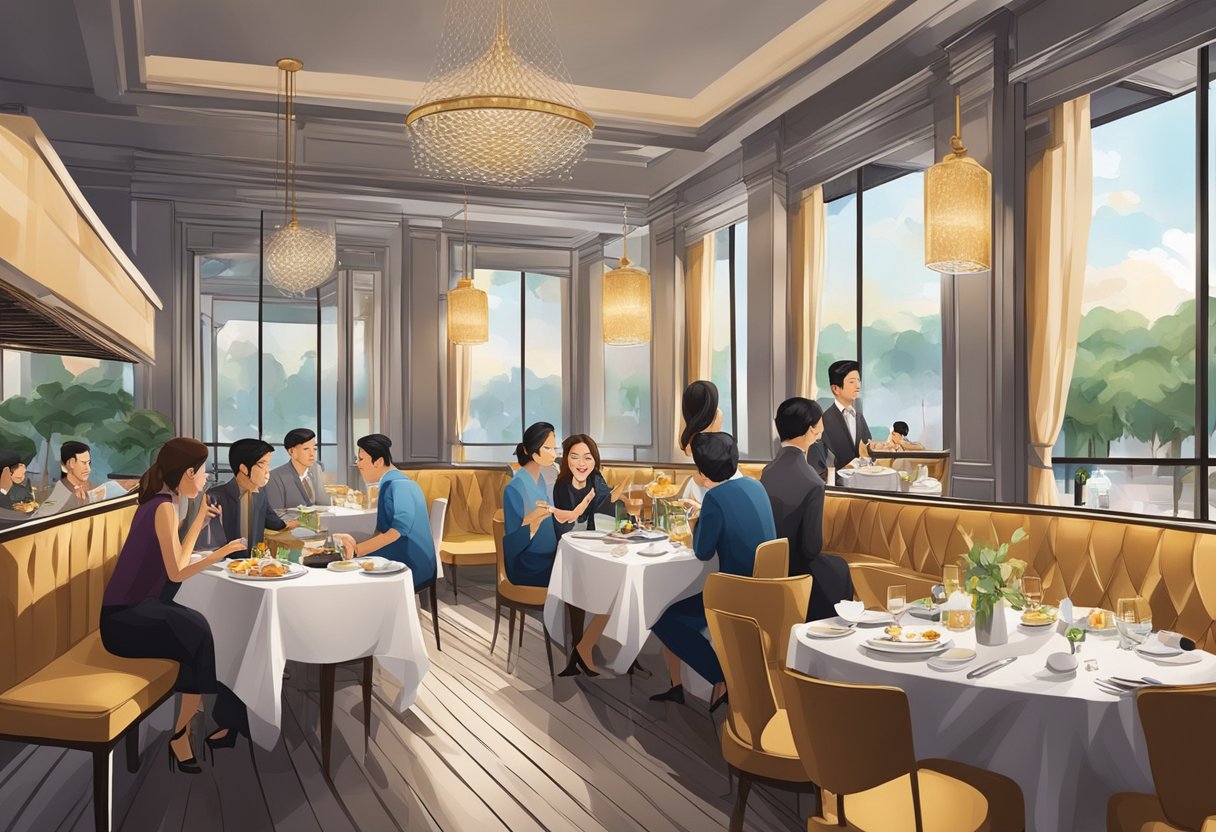 Diners enjoying upscale Singapore restaurants, with elegant decor and mouthwatering dishes