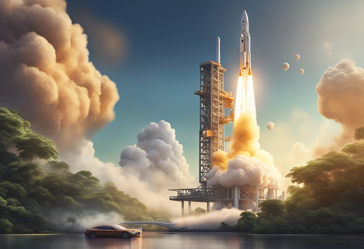 A rocket launching from a launch pad at the 2nd booster site in Singapore, with billowing smoke and flames propelling it upwards into the sky