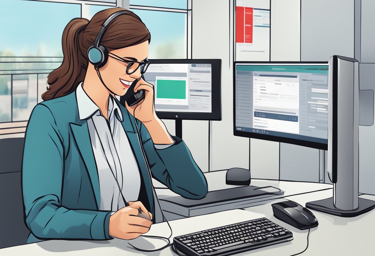 A person dialing a phone with the HSBC hotline number displayed on the screen, while receiving support and feedback from a customer service representative