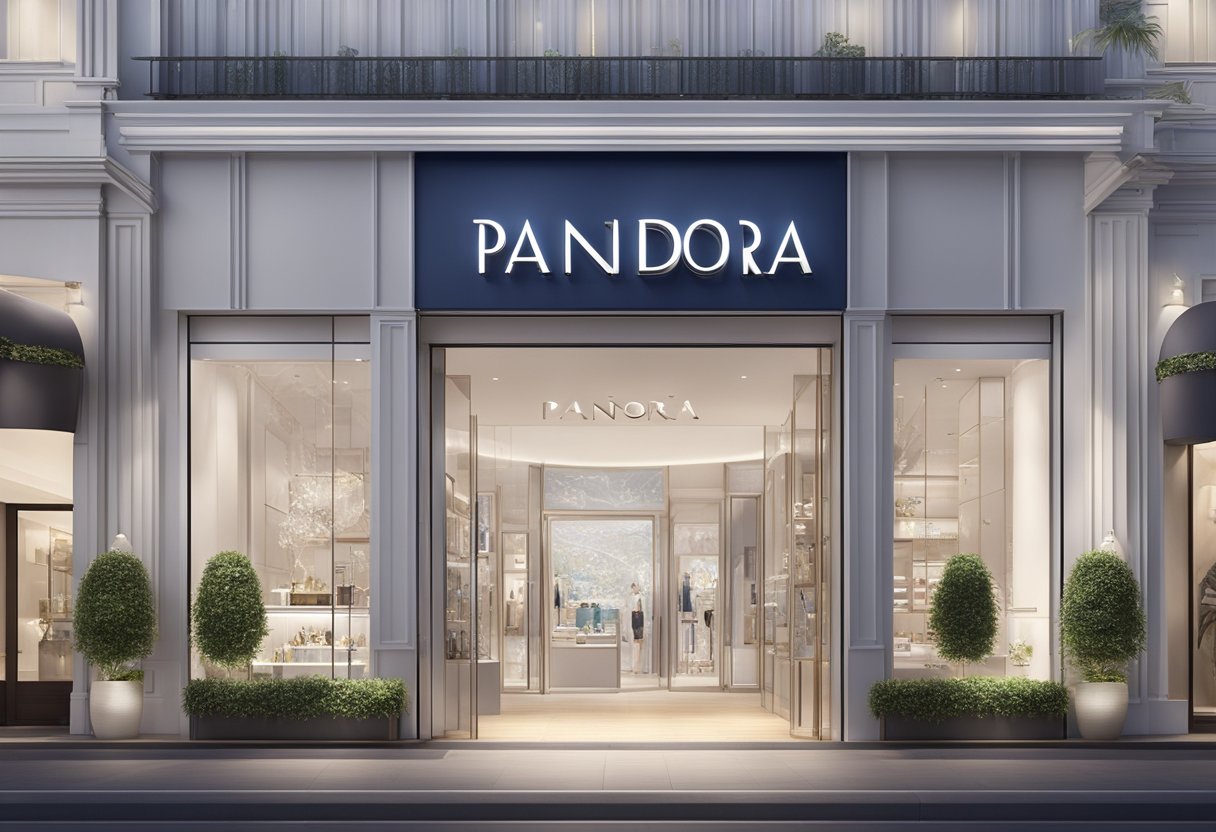 The Pandora Singapore outlet features a sleek, modern storefront with a display of sparkling jewelry and a welcoming entrance