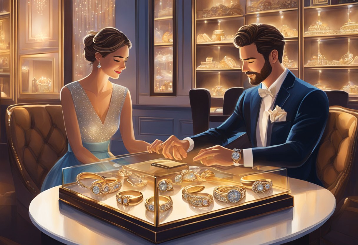 A couple sits at a table, admiring a selection of wedding bands displayed on a velvet cushion. The bands sparkle under the warm glow of the store's lights, creating a romantic and intimate atmosphere