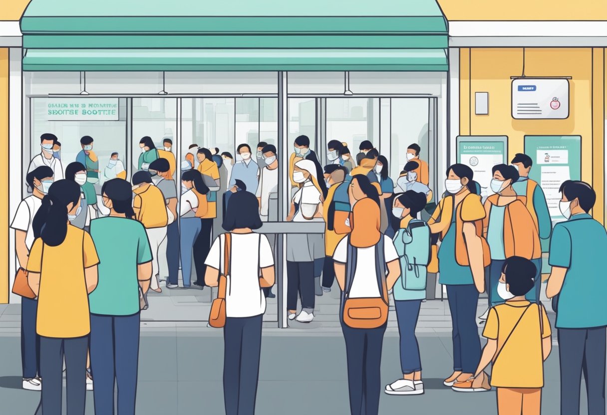 People lining up at a vaccination center, checking eligibility and scheduling for the second booster in Singapore. Signs and staff directing the process
