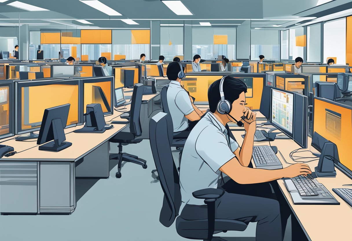A customer service representative answers calls at the HSBC hotline in Singapore, surrounded by computer screens and a busy office environment