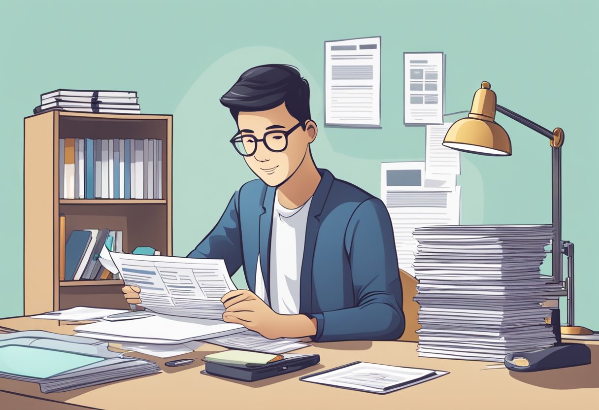 A person sitting at a desk, surrounded by paperwork and a computer, filling out income tax forms for Singapore