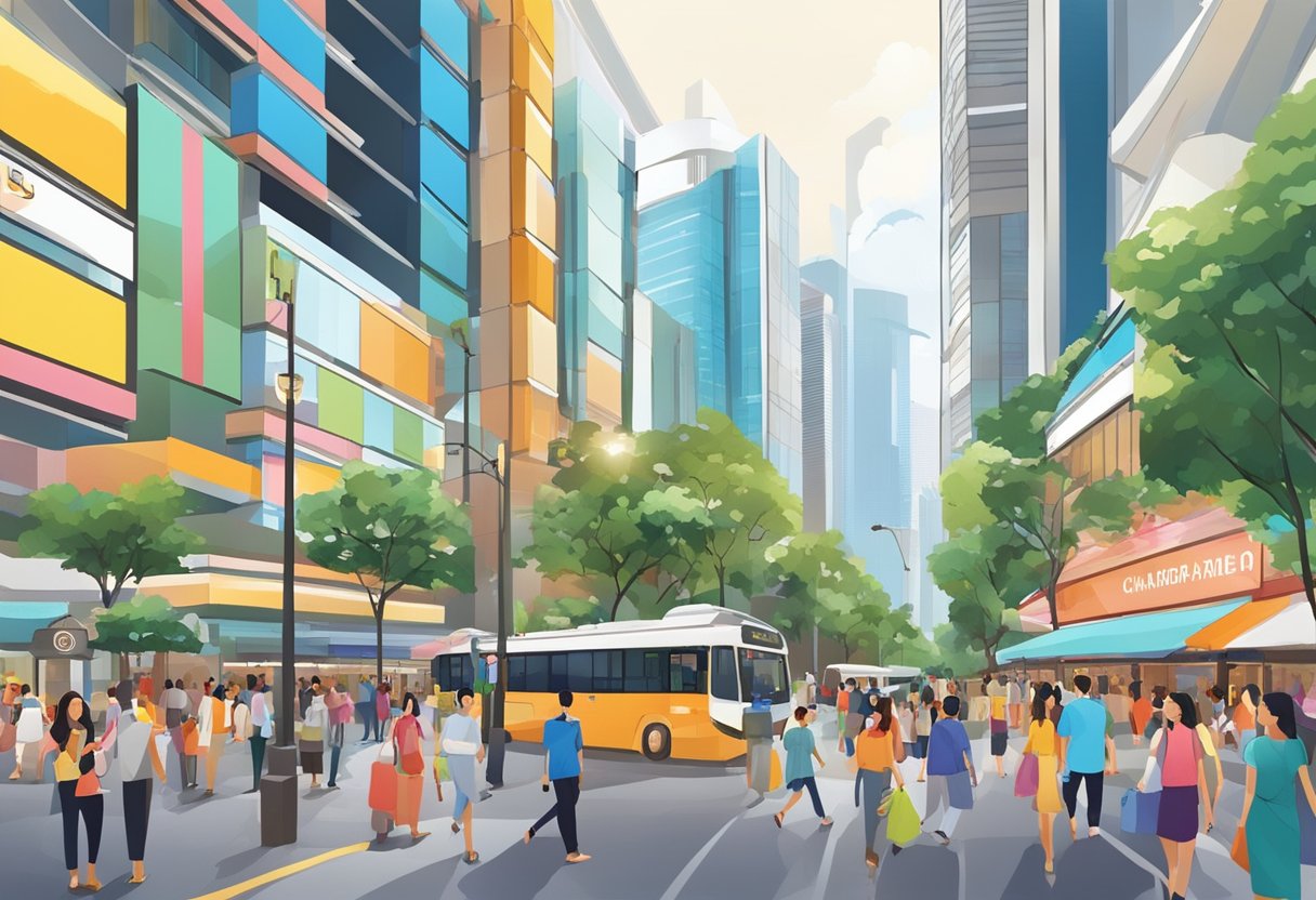 Orchard Road Orchard Central, Singapore: A bustling street lined with vibrant shops and colorful billboards, filled with people and surrounded by towering skyscrapers