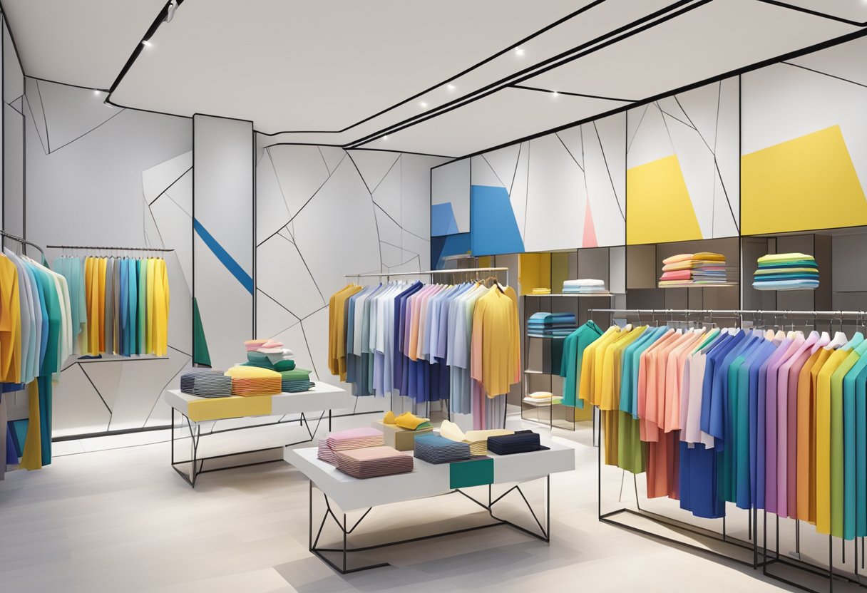 An airy, minimalist store filled with innovative designs and vibrant colors, showcasing Issey Miyake's iconic fashion in the heart of Singapore
