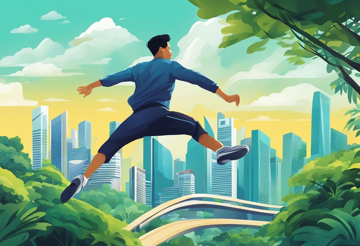 A figure leaps over the iconic skyline of Singapore, with its futuristic buildings and lush greenery, capturing the city's dynamic energy and modernity