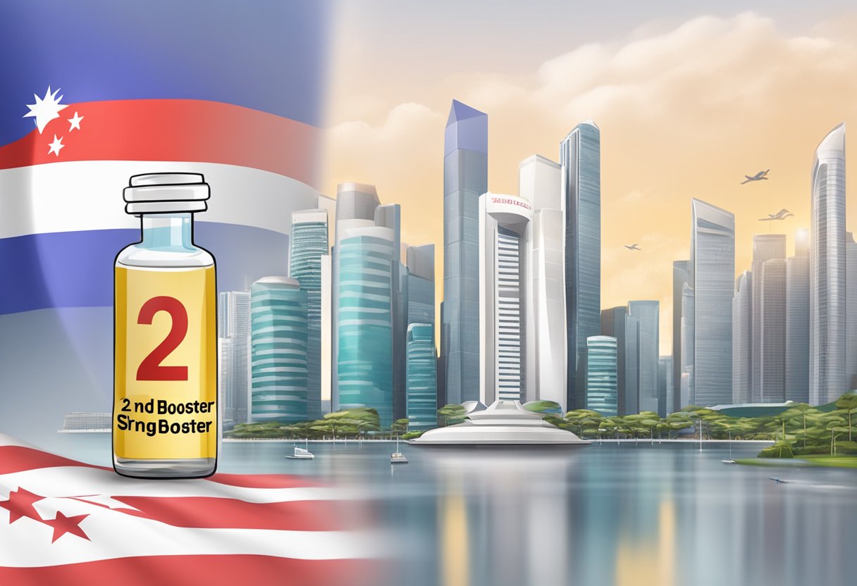 A vial of vaccine labeled "2nd booster" with a Singapore flag in the background