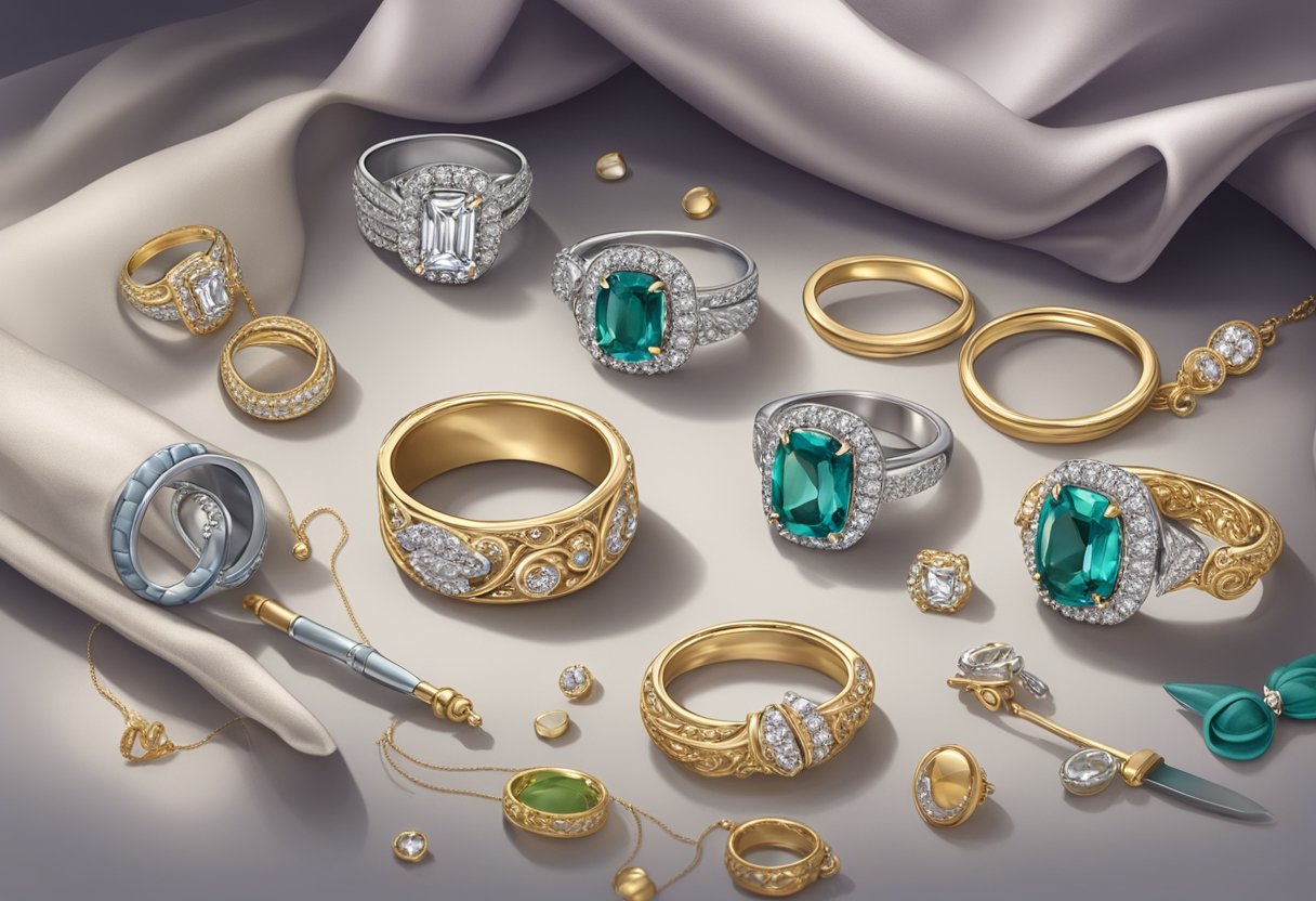 A couple's wedding bands sit on a velvet display cushion, surrounded by delicate jewelry tools and a soft cloth for cleaning