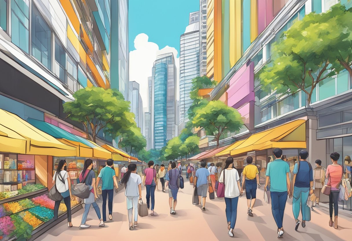 People strolling among vibrant shops and towering buildings on Orchard Road, Singapore