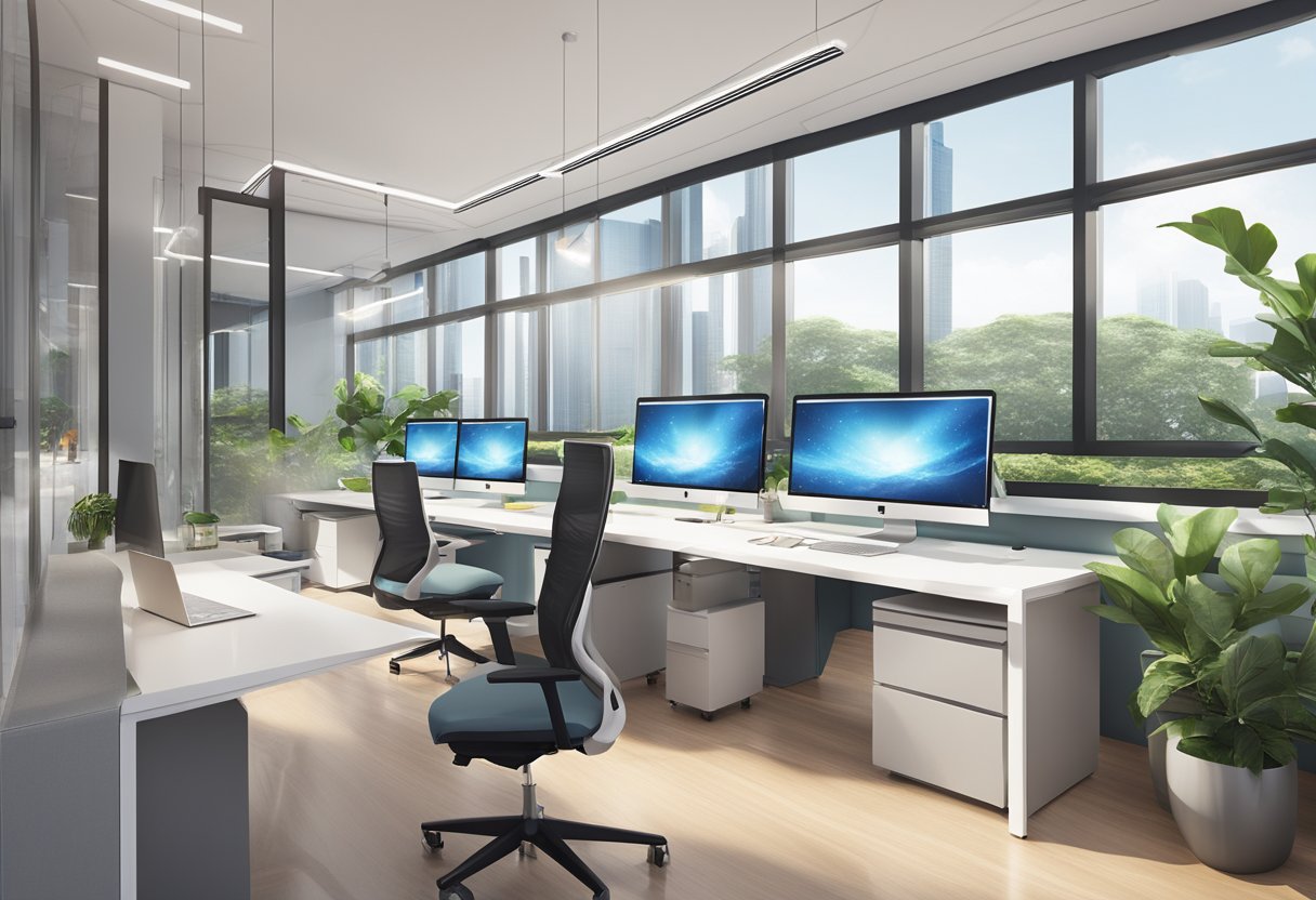 A modern office space in Singapore, with sleek furniture, large windows, and high-tech equipment. The room is bathed in natural light, giving it a bright and airy feel