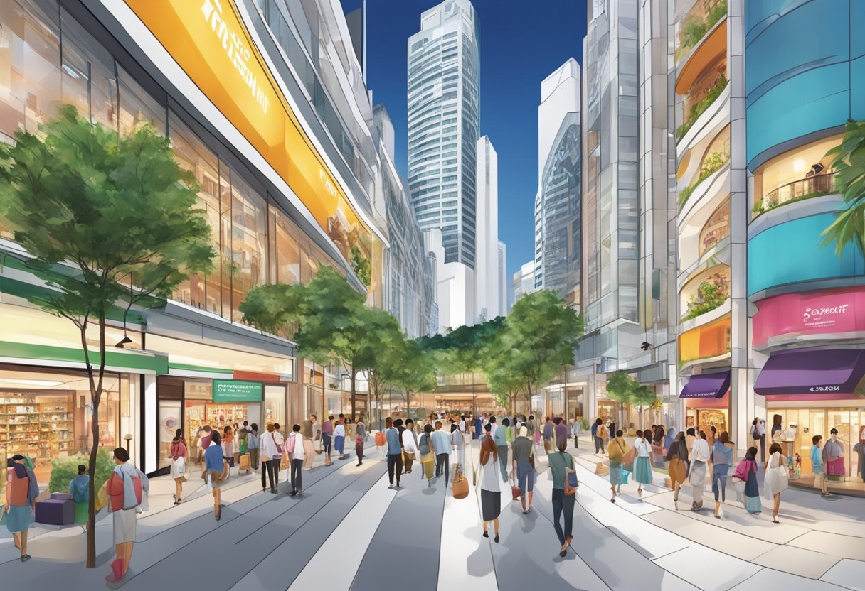 A bustling street lined with exclusive shops and vibrant signage in Orchard Central, Singapore