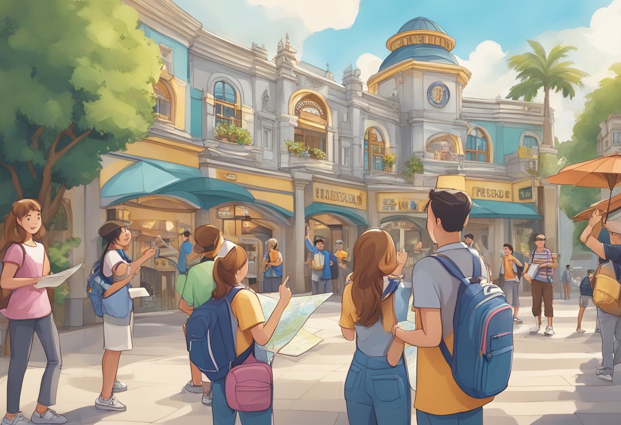 Visitors studying a map outside Universal Studios Singapore, with excited expressions and pointing towards different attractions