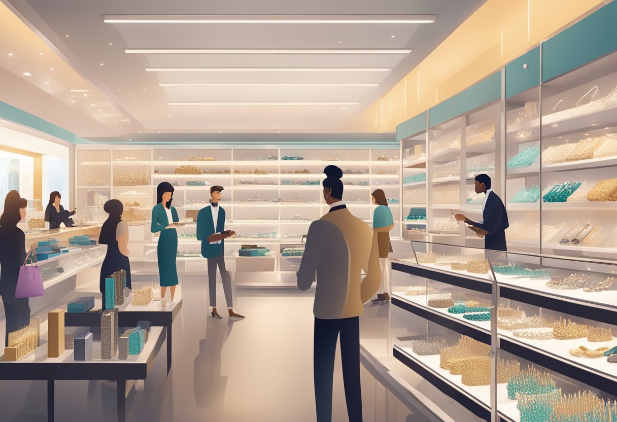 A crowded store with shelves of jewelry, customers browsing, and a salesperson assisting. Bright lighting and a modern, sleek interior design