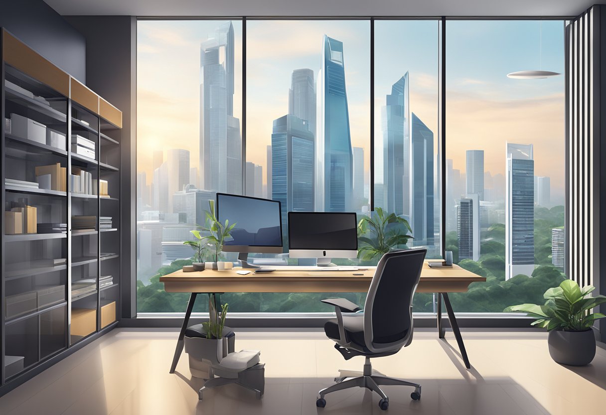 A modern office space with sleek furniture, high-tech equipment, and a Singapore cityscape view through large windows