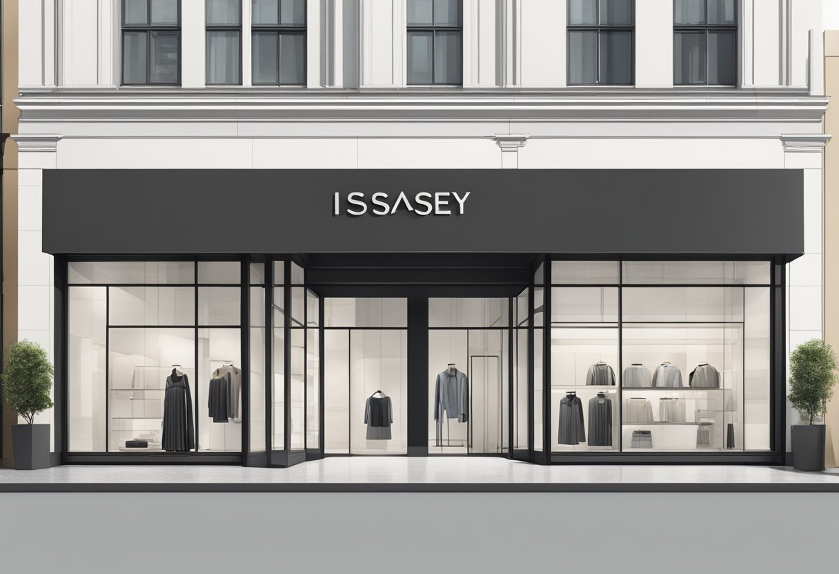 A sleek, modern storefront with the Issey Miyake Singapore logo prominently displayed