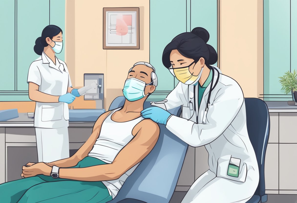 A person receiving a second booster shot in a medical setting in Singapore