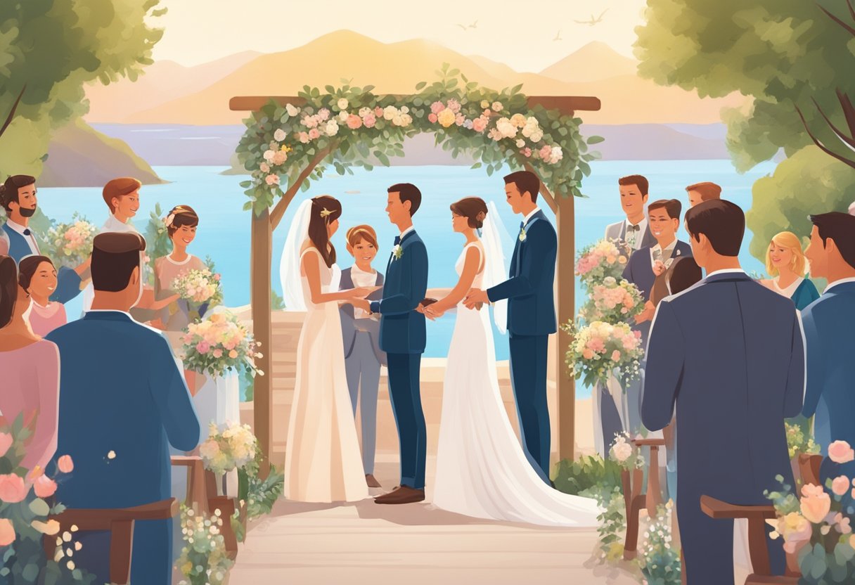 A couple exchanging wedding bands in front of a beautiful backdrop, surrounded by friends and family, with a sense of love and joy in the air