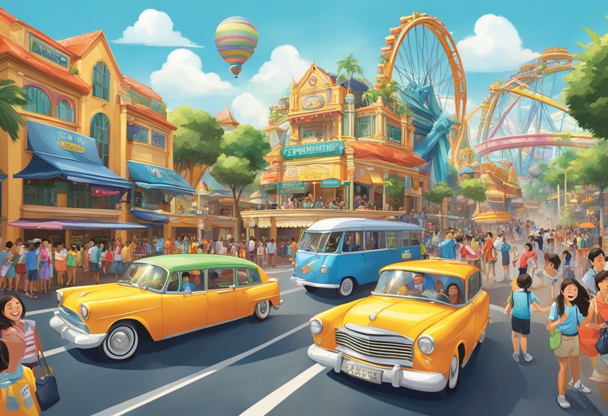 Colorful rides and lively performances fill the bustling Universal Studios Singapore, with visitors laughing and cheering at the exciting attractions and entertainment