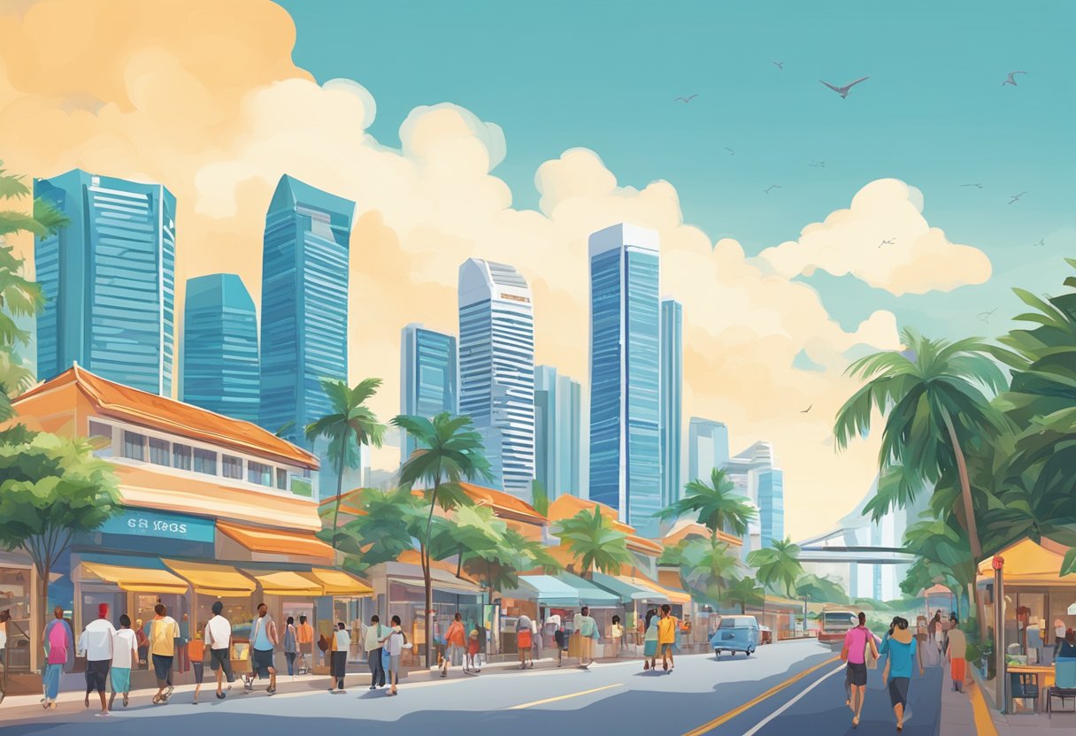A bustling street in Singapore, with colorful shophouses, palm trees, and people walking by. The iconic Marina Bay Sands can be seen in the distance