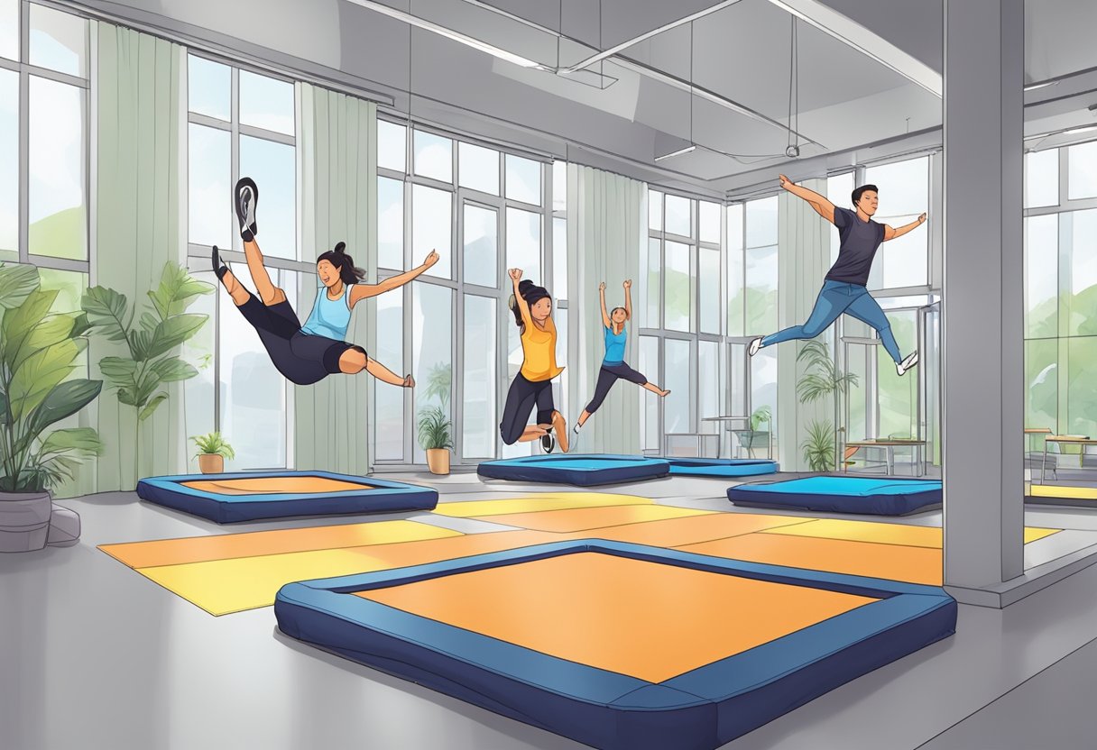 People bouncing on trampolines in a Singapore fitness studio