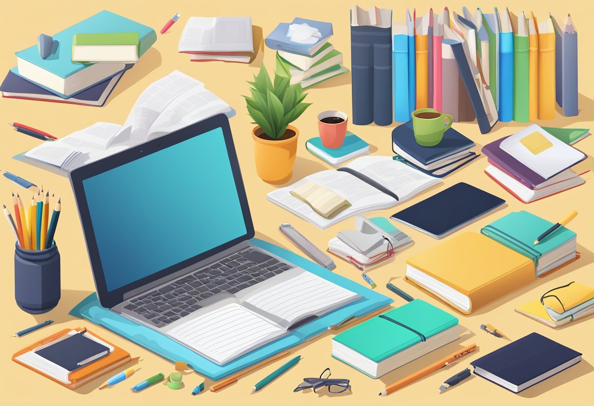 A colorful array of academic subjects and curriculum materials spread out on a desk, with textbooks, notebooks, and digital devices