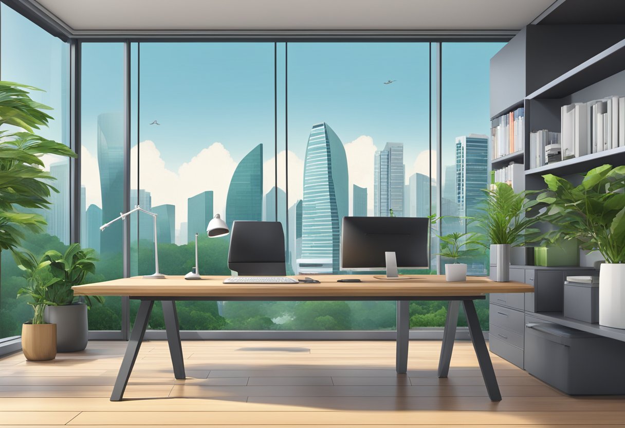 A modern office space in Singapore, with a sleek desk, computer, and virtual communication tools. The backdrop features the city skyline and lush greenery